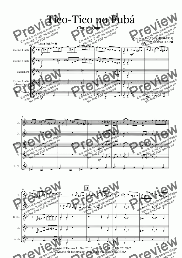 page one of Tico-Tico no Fubá - Choro - Clarinet Quartet