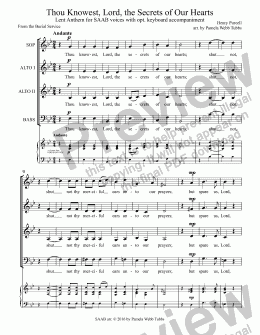 page one of Thou Knowest, Lord, the Secrets of Our Hearts (PURCELL), Lent anthem for SAB voices with opt. keyboard accompaniment, arr. by Pamela Webb Tubbs 