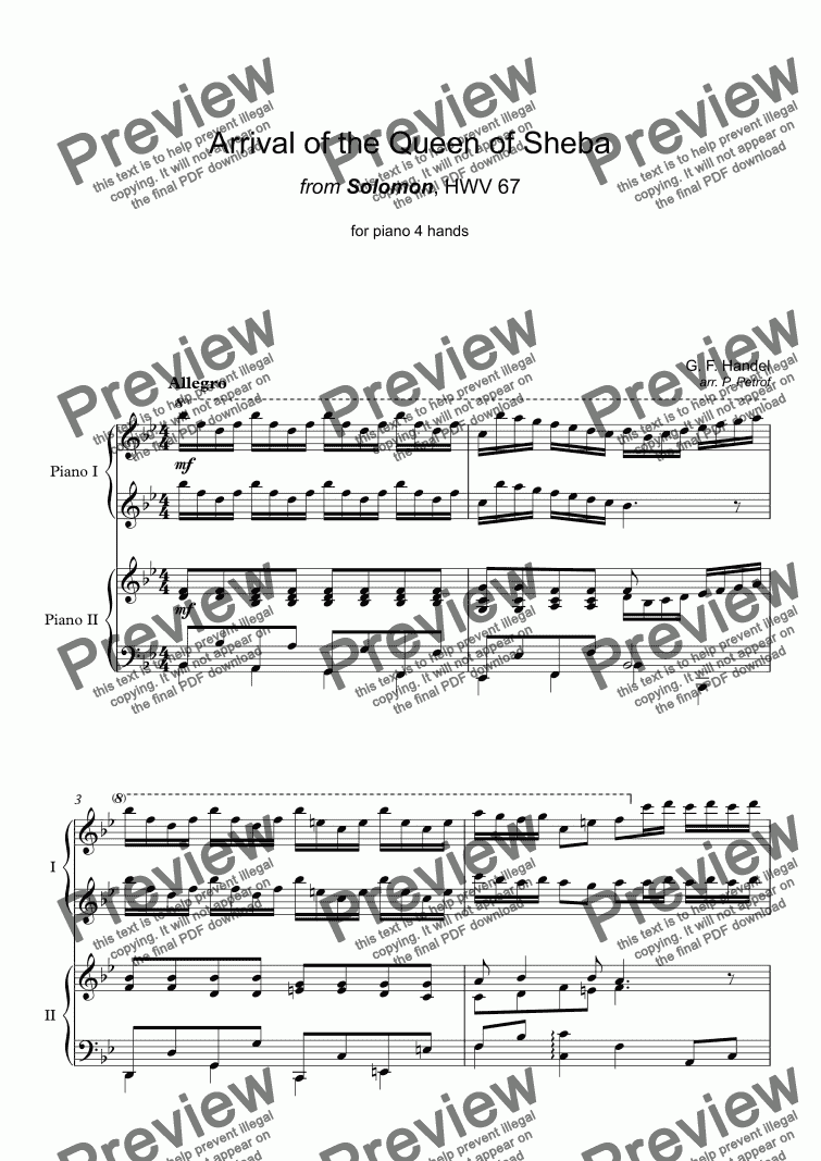 G F Handel Arrival Of The Queen Of Sheba Piano 4 Hands Buy Pdf