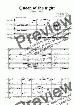 page one of The Magic Flute - Mozart - Queen of the night - Clarinet Quartet