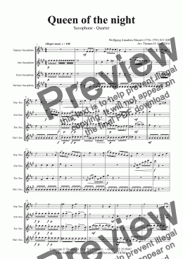 page one of The Magic Flute - Mozart - Queen of the night - Saxophone Quartet