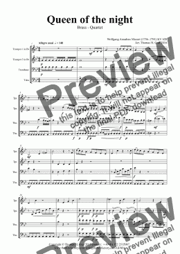 page one of The Magic Flute - Mozart - Queen of the night - Brass Quartet