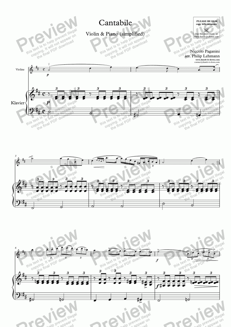 page one of Paganini, N. - Cantabile - for Violin (orig.) & Piano (simplified)