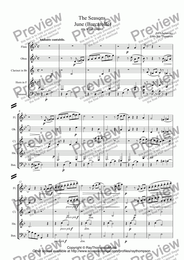page one of Tchaikovsky: The Seasons Op.37a: No.6. June (Barcarolle) arr. wind quintet