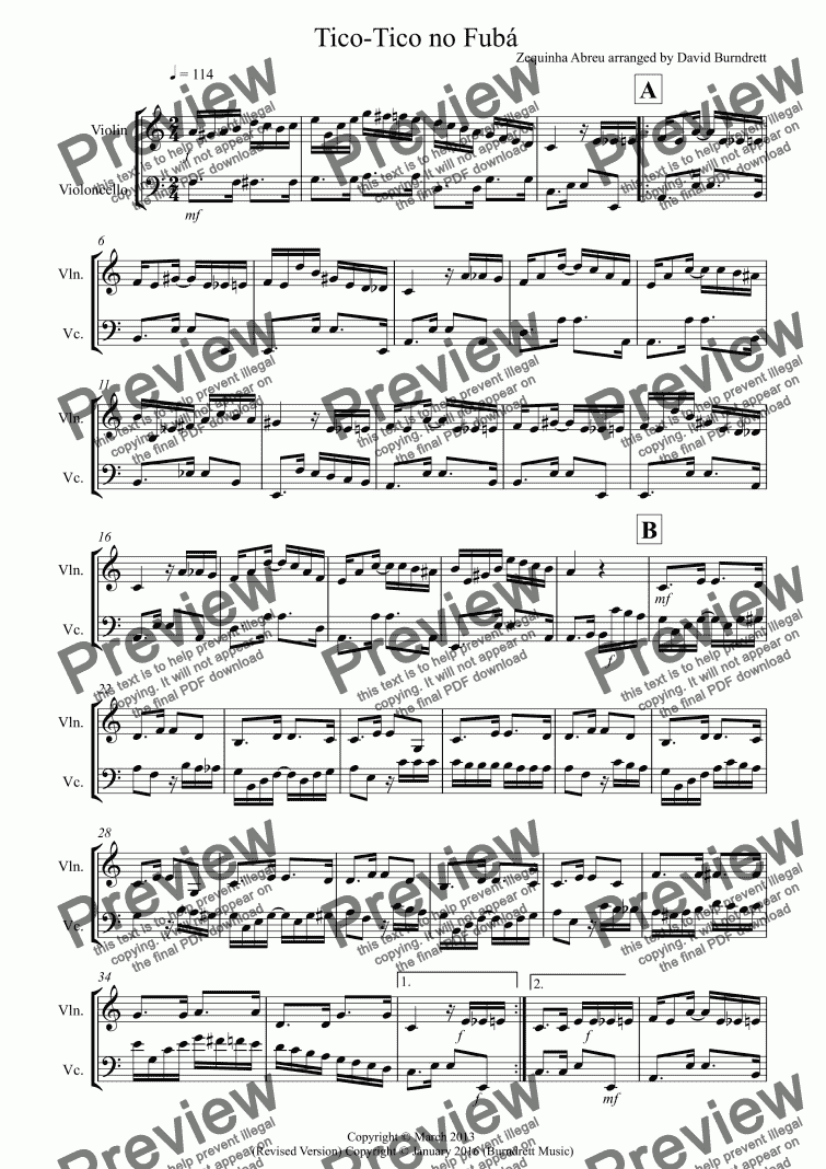 page one of Tico Tico for Violin and Cello Duet