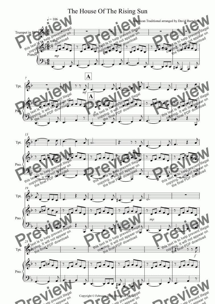 page one of House Of The Rising Sun for Trumpet and Piano
