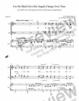 page one of For He Shall Give His Angels [MENDELSSOHN] (from the oratorio ELIJAH), for SATB voices and Soprano Solo with Organ Accompaniment