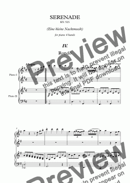 page one of W. A. Mozart - Serenade KV. 525 ''Eine kleine Nachtmusik'' for piano 4 hands - IV. mov.