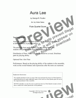 page one of  Aura Lee (beginning to intermediate flute chior / quartet)