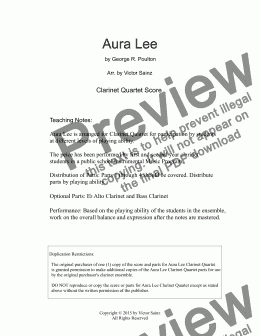 page one of  Aura Lee (beginning to intermediate clarinet choir / quartet)