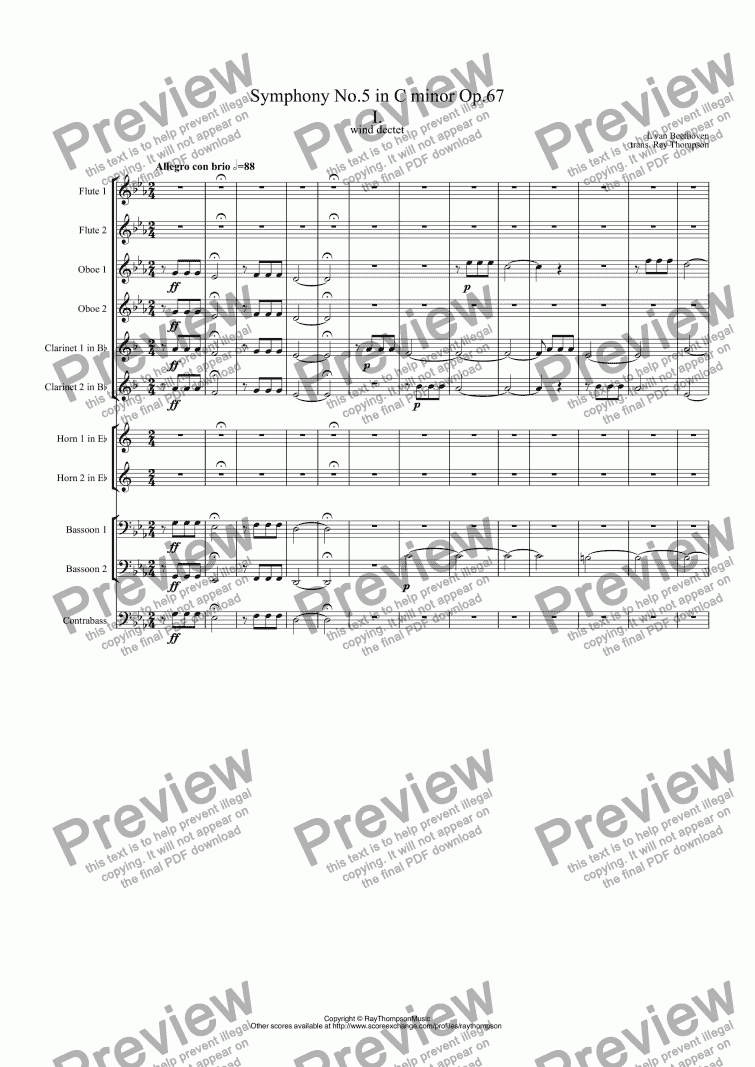 page one of Beethoven: Symphony No.5 in C minor Op.67 Mvt.1 arr. Wind Dectet (10 players)( Double wind quintet of 2 Fl, 2 Ob, 2 Cl, 2 Hn, 2 Bsn and opt. double bass)
