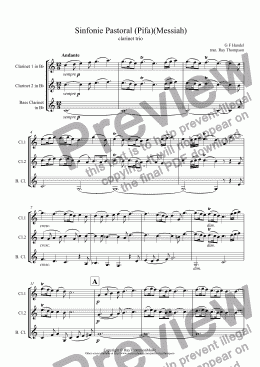 page one of Handel: Sinfonie Pastoral (Pastoral Symphony) (Pifa)(Messiah) arranged clarinet trio