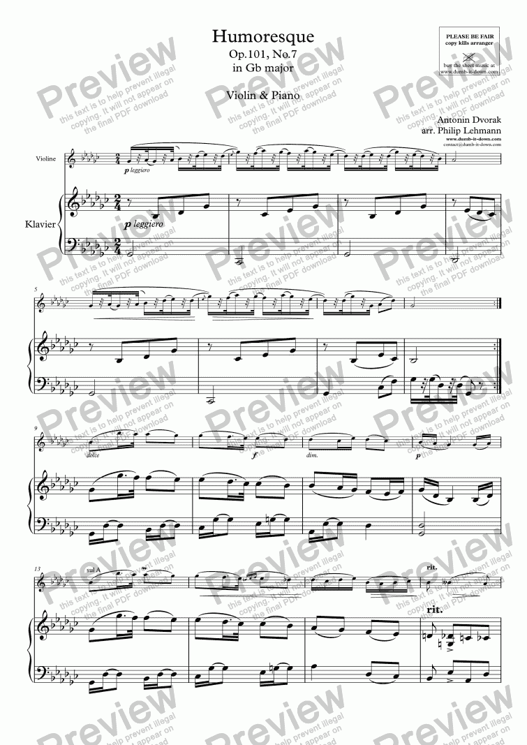 page one of Dvorak, A. - Humoresque Op.101, No.7 in Gb-major (orig.) - for Violin (orig.) & Piano (simplified)