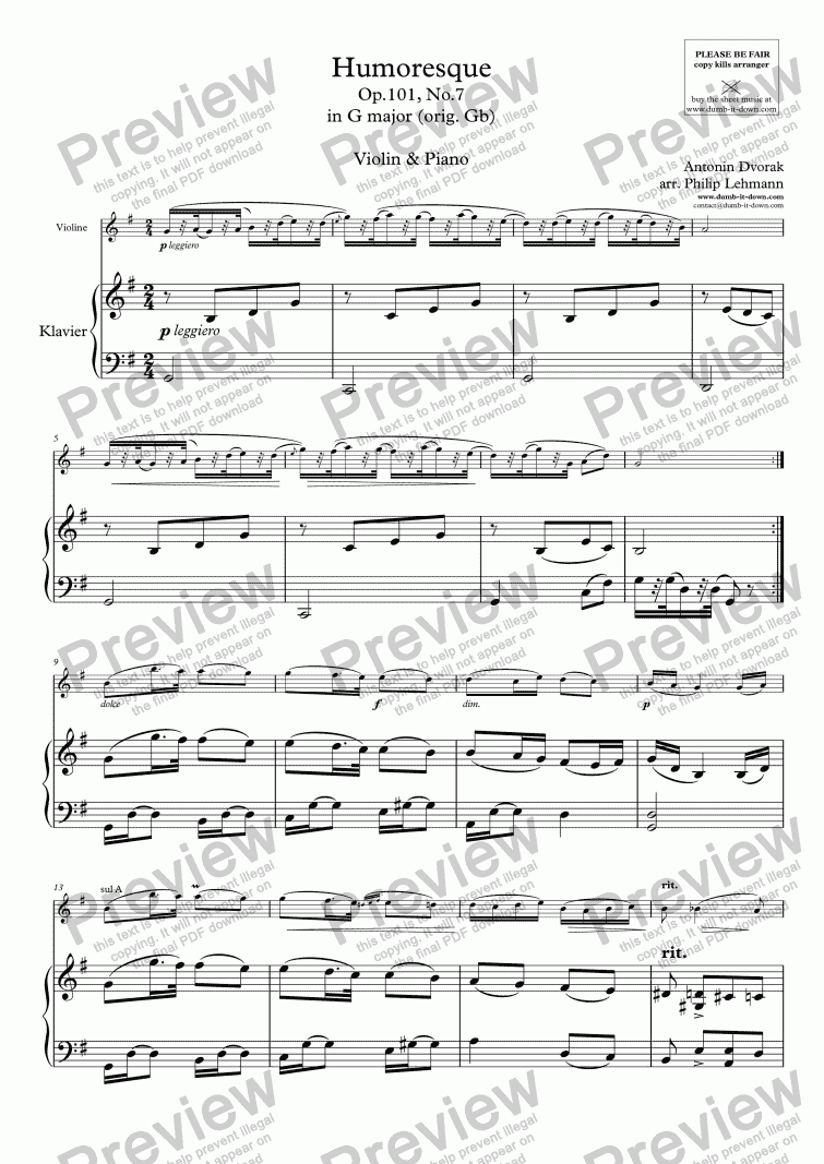 page one of Dvorak, A. - Humoresque Op.101, No.7 in G-major (orig. Gb) - for Violin (orig.) & Piano (simplified)
