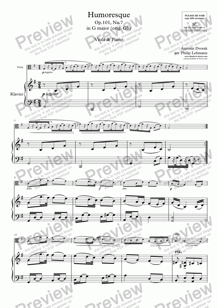 page one of Dvorak, A. - Humoresque Op.101, No.7 - easy version in G-major (orig. Gb) - for Viola (orig.) & Piano (simplified)