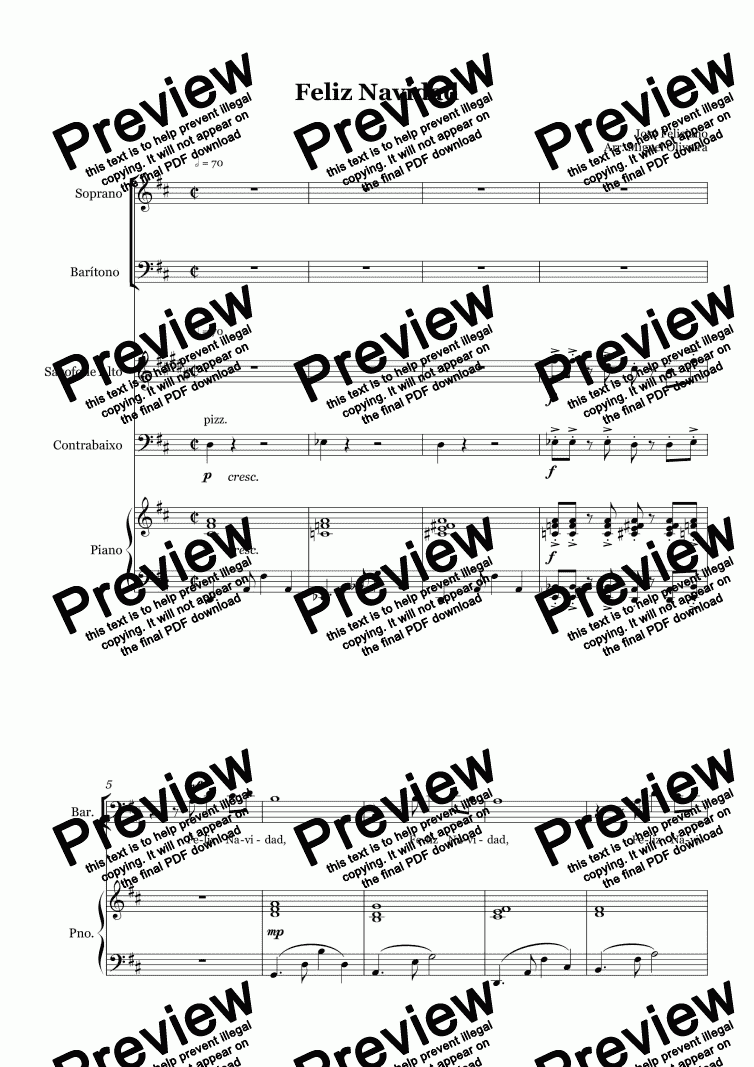 page one of FELIZ NAVIDAD - For voices, saxophone, double bass and piano
