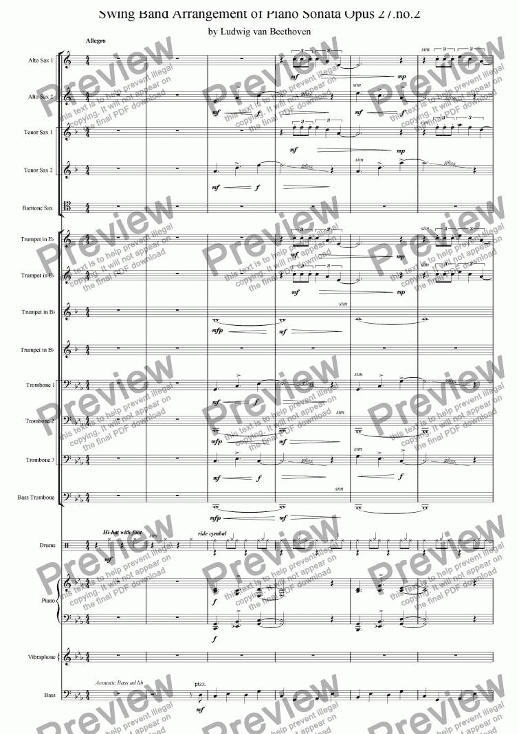page one of Swing Band Arrangement of ’Moonlight Sonata’