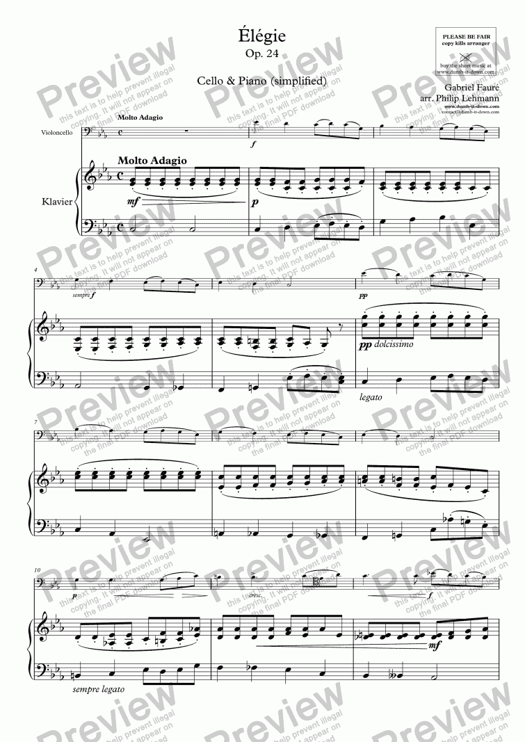 page one of Fauré, G. - Elegie, Op. 24 - for Cello (orig.) & Piano (simplified)