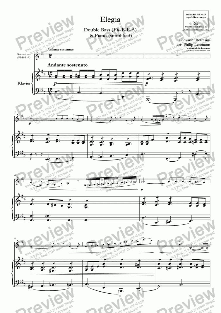 page one of Bottesini, G. - Elegie - for Double Bass (orig.) & Piano (simplified) - versions in D-major (F♯–B–E–A) & in C-major (E-A-D-G)