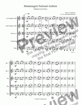 page one of National Anthem of Montenegro arr. for brass quintet