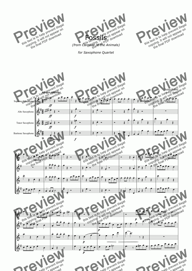 page one of Saint-Saëns - ’’Fossils’’ from ’’Carnival of the Animals’’ - saxophone quartet