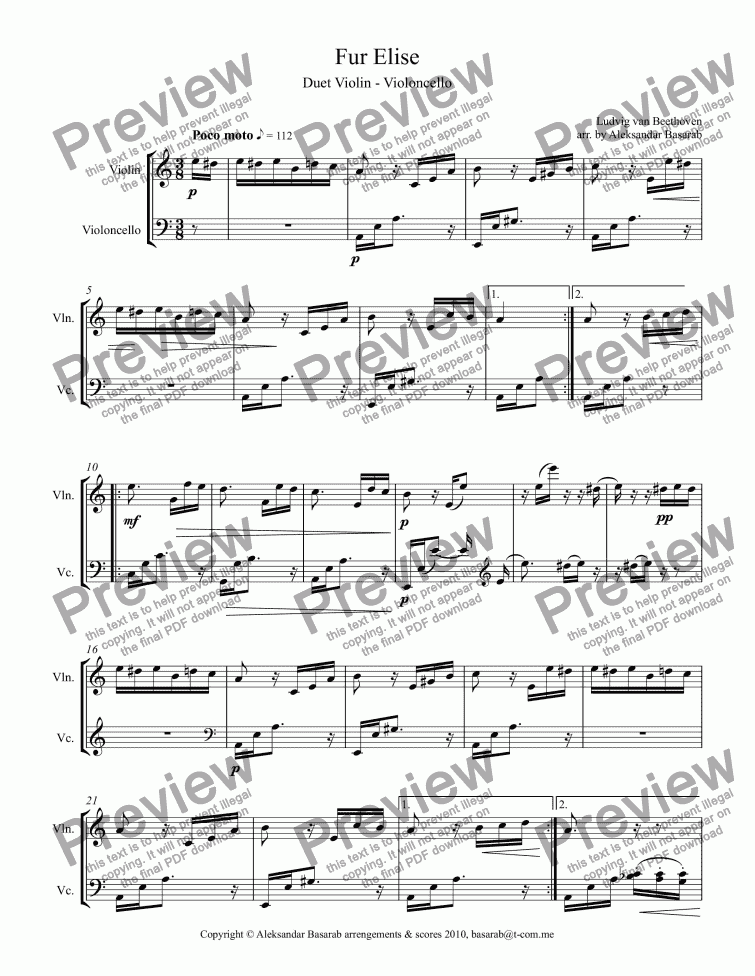 page one of Beethoven - Fur Elise arr. for Violin & Cello