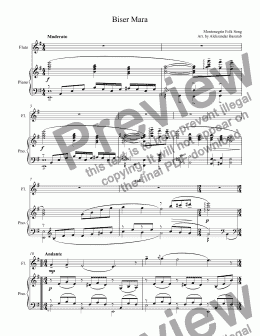 page one of Montenegrin Folk Song "Biser Mara", arr. for Flute & Piano