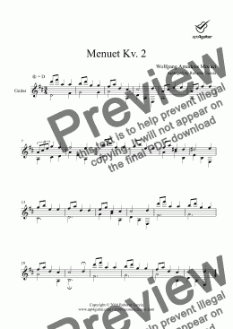 page one of Menuet Kv.2 for solo guitar