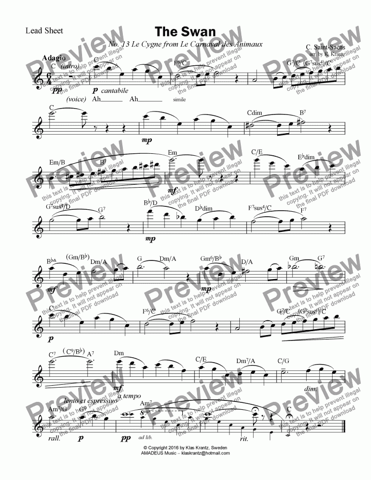 page one of The Swan / Le cygne, Lead Sheet in C Major