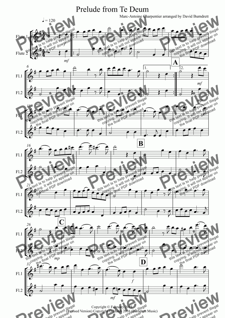 page one of Prelude from Te Deum for Flute Duet