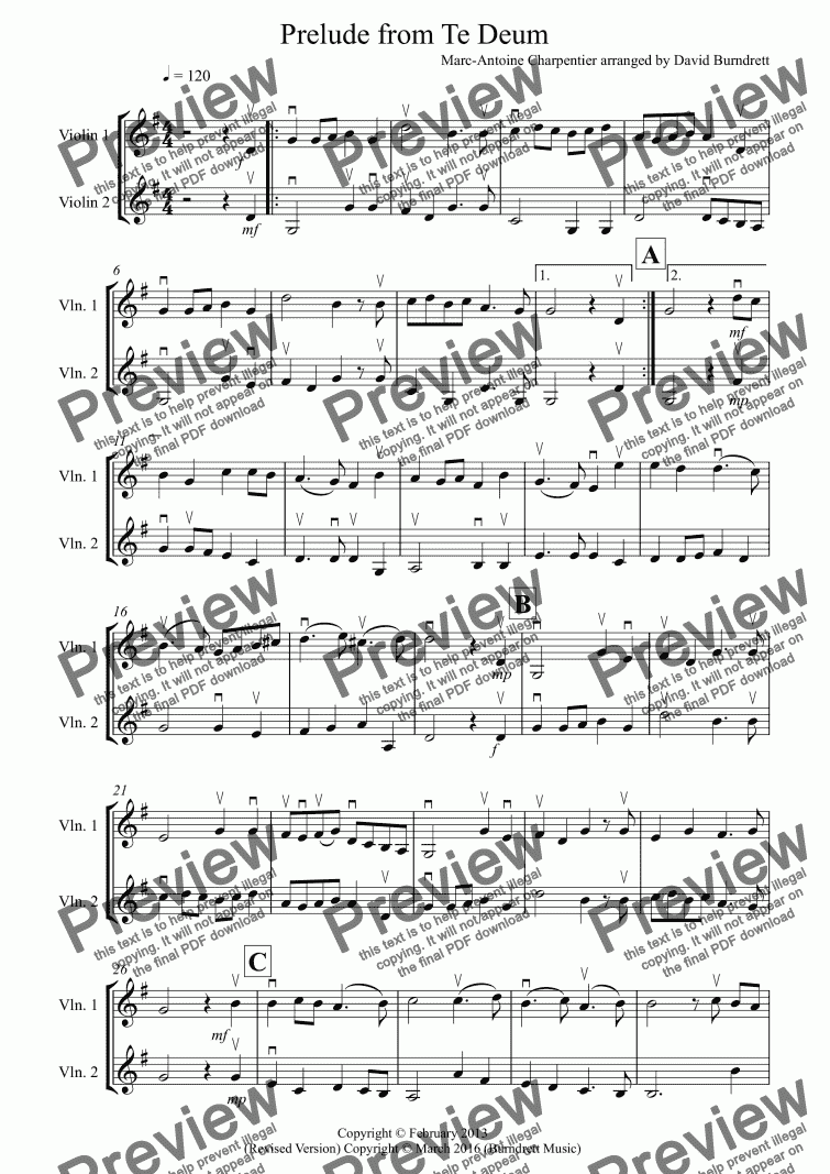 page one of Prelude from Te Deum for Violin Duet