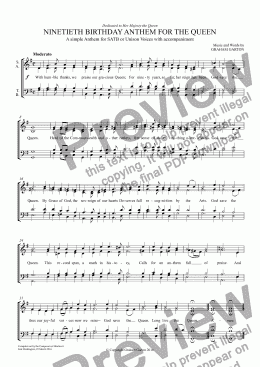 page one of NINETIETH BIRTHDAY ANTHEM FOR THE QUEEN for SATB or Unison Voices with accompaniment. Words and Music by Graham Garton