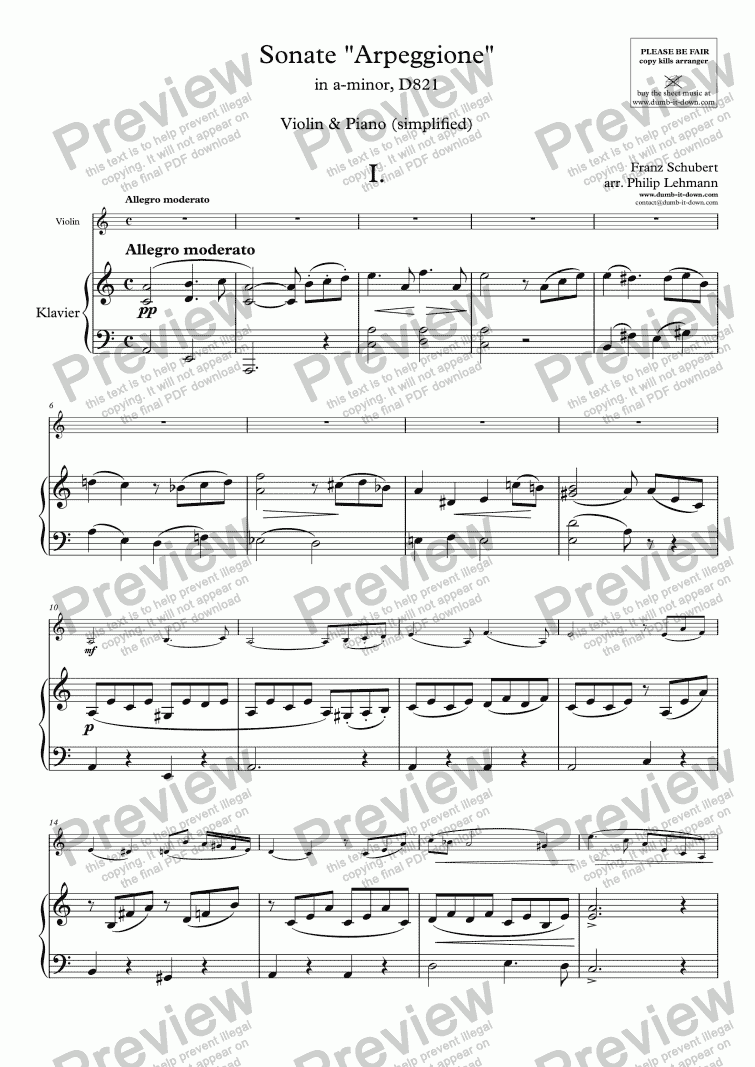 page one of Schubert, F. - Sonate "Arpeggione" in a-minor, D821 - for Violin (orig.) & Piano (simplified)