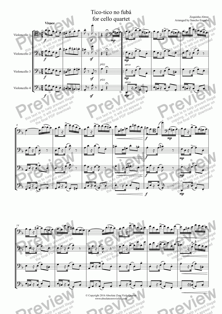 page one of Abreu - Tico-tico no fubá - for cello quartet