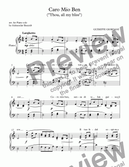 page one of Giordani - Caro Mio Ben ("Thou, all my bliss") arr. for Piano with lirics
