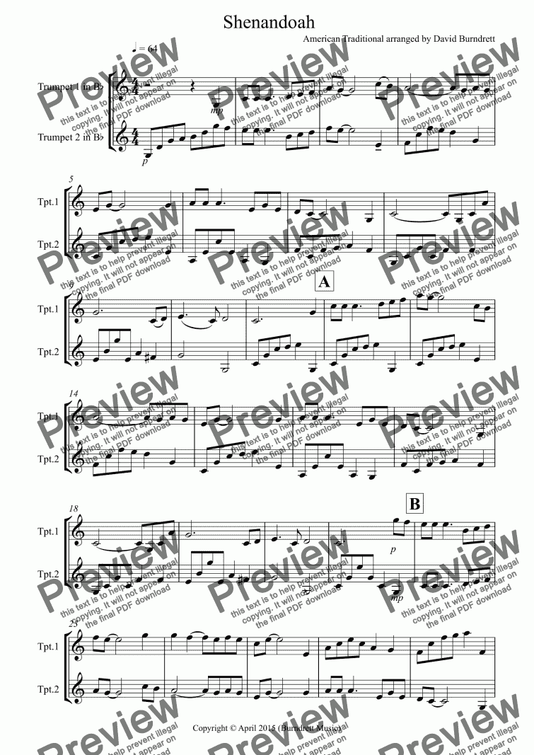 page one of Shenandoah for Trumpet Duet
