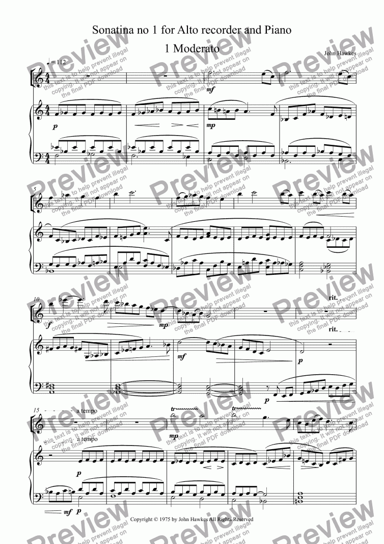 page one of Sonatina no 1 for Alto recorder and Piano