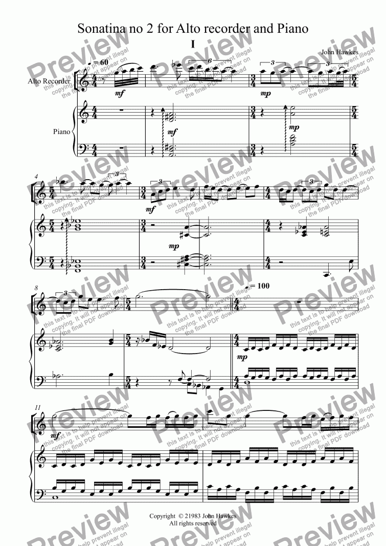page one of Sonatina no 2 for Alto recorder and Piano