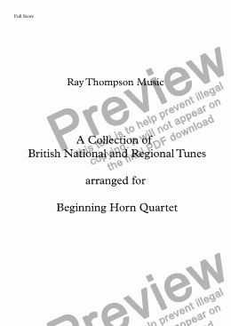 page one of A Collection of British National and Regional Tunes arranged for Beginning Horn Quartet: Auld Lang Syne, God Save the Queen, On Ikley Moor Baht ’At, Land of My Fathers, Widdecombe Fair.