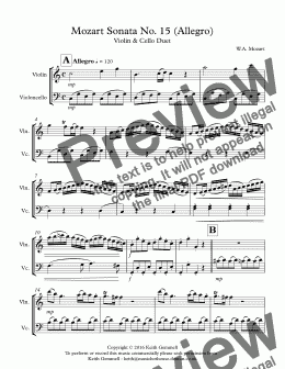page one of Mozart Sonata No. 15 (Allegro): Violin & Cello Duet