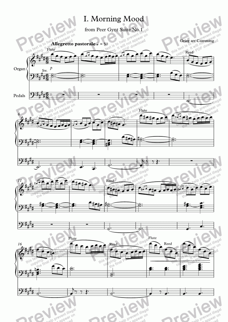 page one of I.  "Morning Mood" from Peer Gynt Suite No.1 for organ