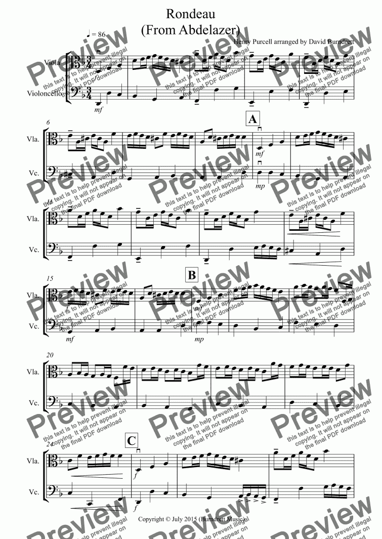 page one of Rondeau (From Abdelazer) for Viola and Cello Duet