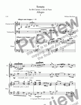 page one of Sonata  for Bb Clarinet, Cello & Piano Allegro 1