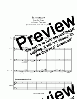 page one of Intermezzo from the Opera Manon Lescaut (for flute, violin, viola, cello and piano)