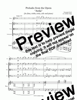 page one of Preludio from the Opera "Attila" (for flute, violin, viola, cello and piano)