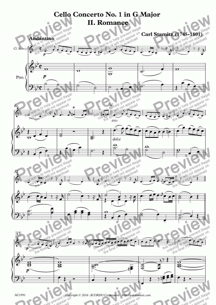 page one of Romance from Concerto No.1 in G Major for Clarinet & Piano