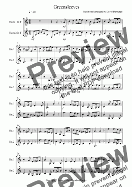 page one of Greensleeves for French Horn Duet
