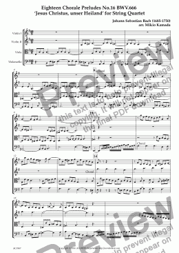 page one of Eighteen Chorale Preludes No.16 BWV.666 ‘Jesus Christus, unser Heiland’ for String Quartet
