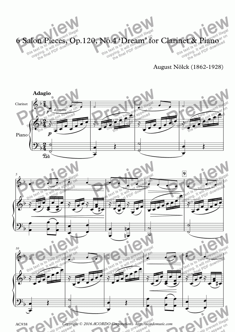 page one of 6 Salon Pieces, Op.120, No.4 ‘Dream’ for Clarinet & Piano