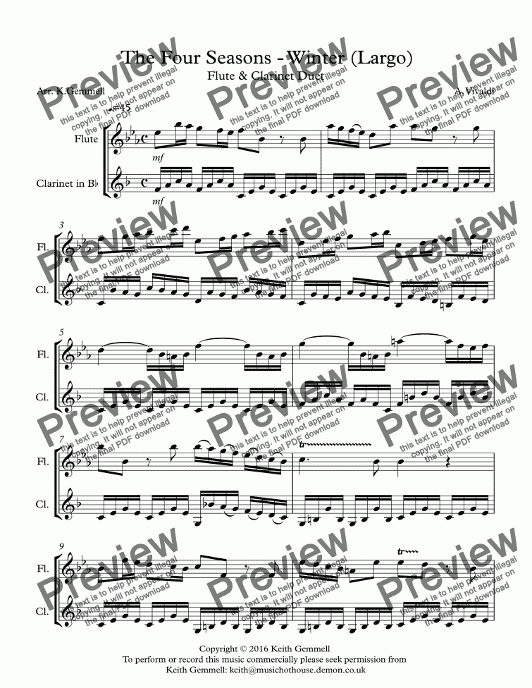 page one of Winter - The Four Seasons (Largo): Flute & Clarinet Duet